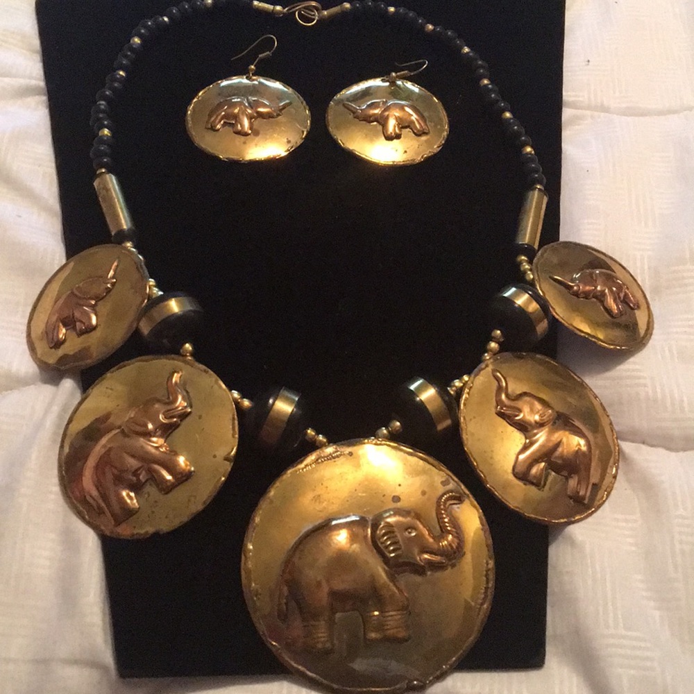 Brass Elephant necklace and earring set